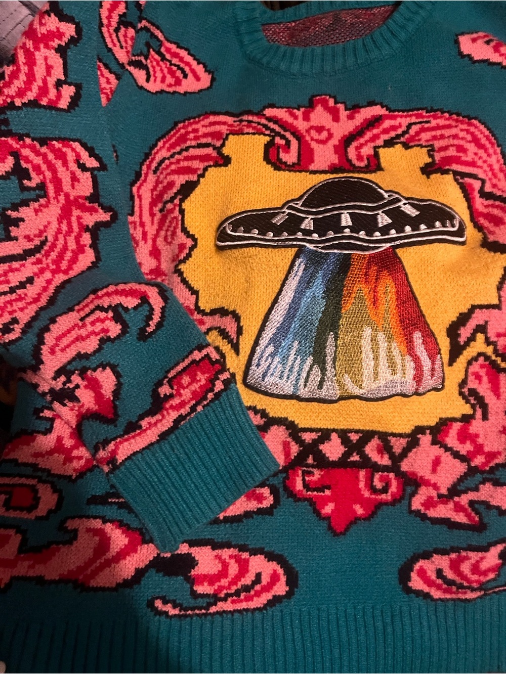 Teal UFO embroidered Graphic Sweater - bold and funky relaxed fit